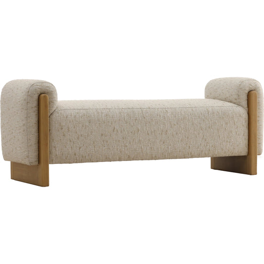 Eliott Bench by Arch & Plane in figueroa cream, light natural. Made from textured striped chenille fabric, rubber wood in a unique style.