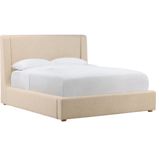 Leiland Bed by Arch & Plane in wilshire sand. Made from chunky boucle fabric in a unique style.