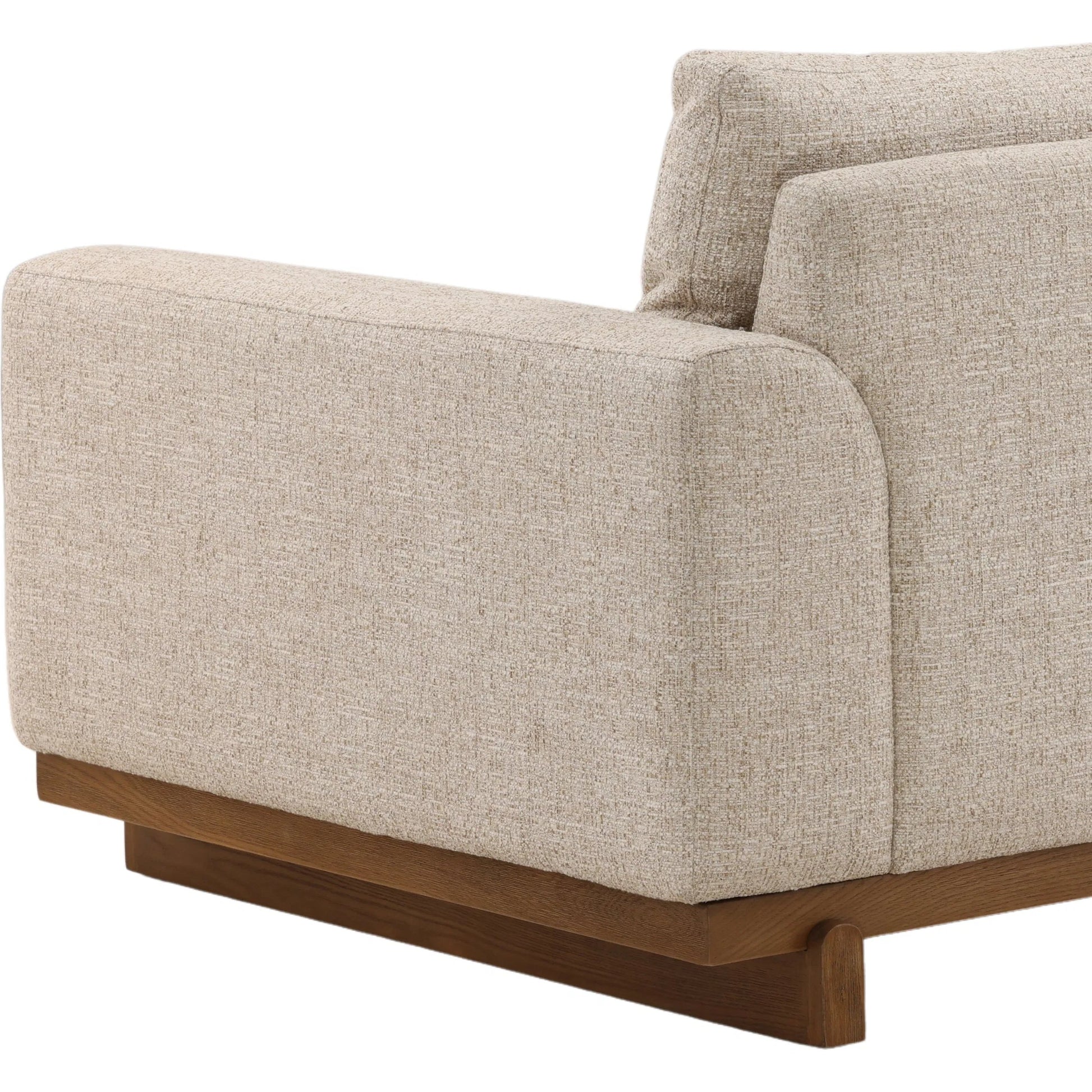 Elvie Sofa by Arch & Plane in field fawn. Made from tweed fabric, elm wood in a unique style.