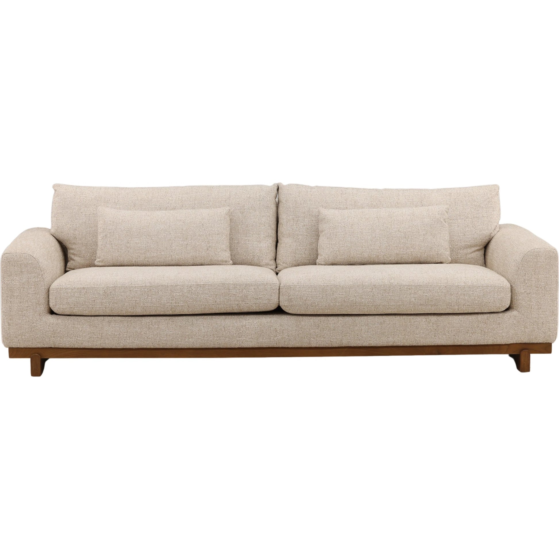 Elvie Sofa by Arch & Plane in field fawn. Made from tweed fabric, elm wood in a unique style.
