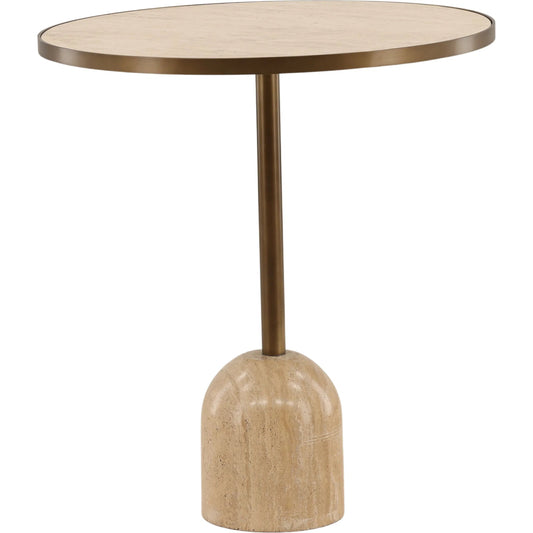 Idrina Bistro Table by Arch & Plane in natural, antique brass. Made from travertine, iron in a unique style.