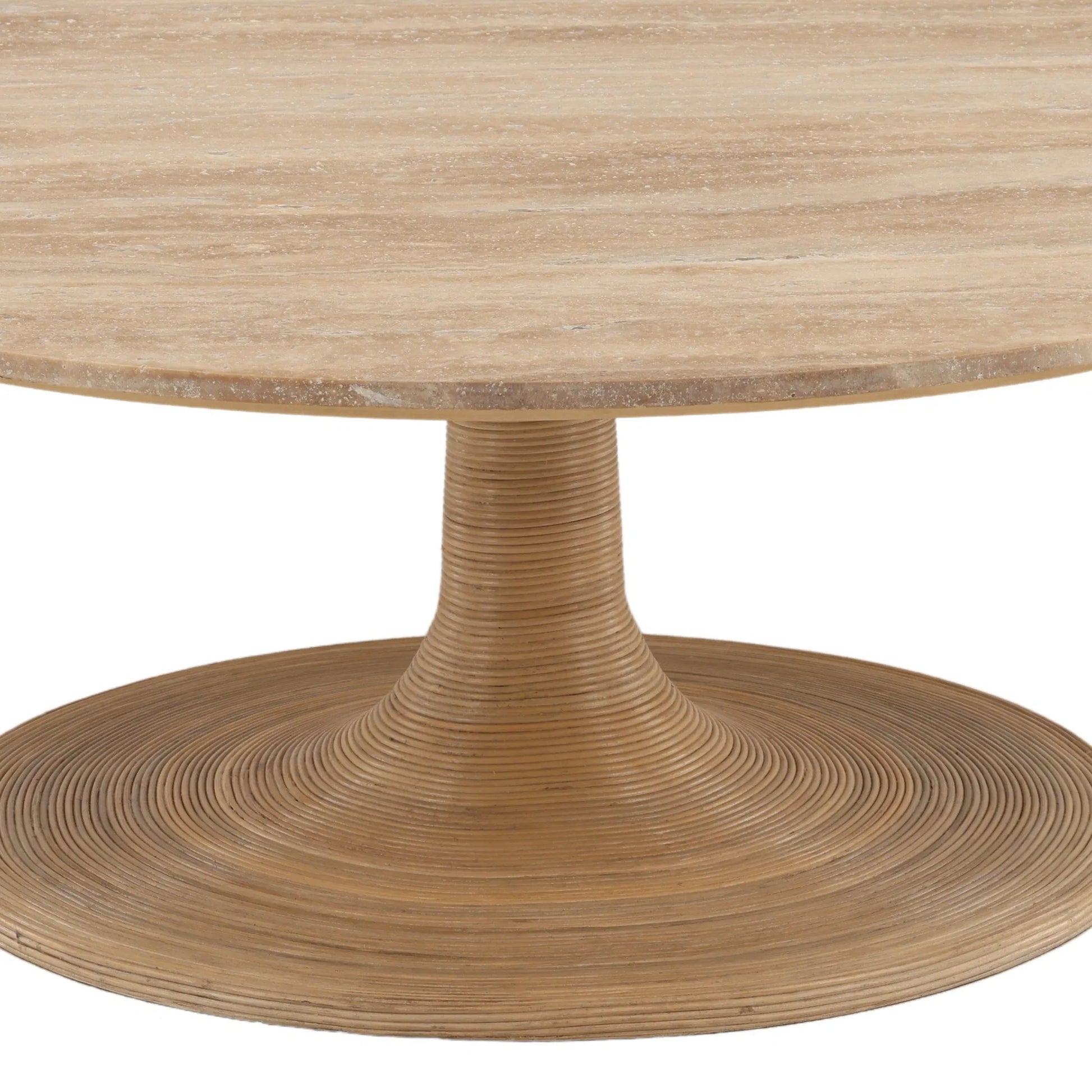 Awilda Coffee Table by Arch & Plane in natural. Made from travertine, cane, iron in a unique style.