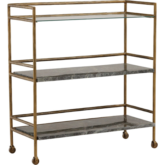 Derick Bar Cart by Arch & Plane in brown, green marble, antique brass. Made from bidasar marble, iron, glass in a unique style.