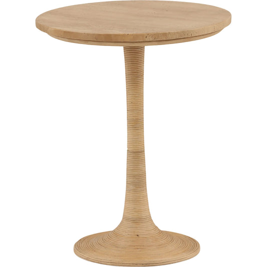 Awilda Side Table by Arch & Plane in natural. Made from travertine, cane, iron in a unique style.