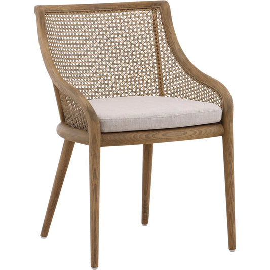Arcata Dining Chair by Arch & Plane in medium brown wood, beige cushion. Made from ash wood with rattan, linen upholstered seat in a rustic style.