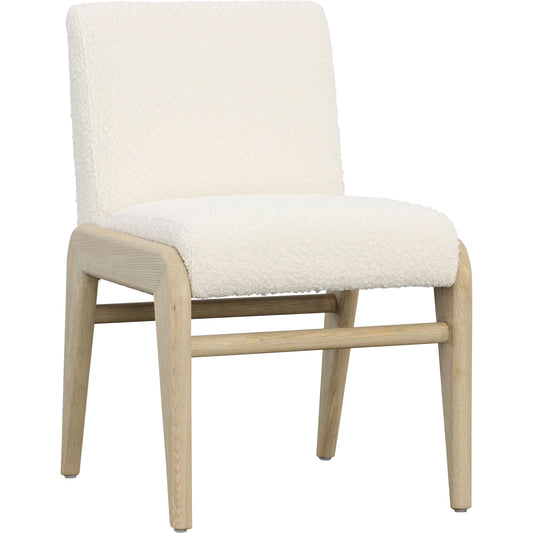 Frazer Dining Chair by Arch & Plane in ivory, light warm wash. Made from boucle upholstery, ash wood in a transitional style.