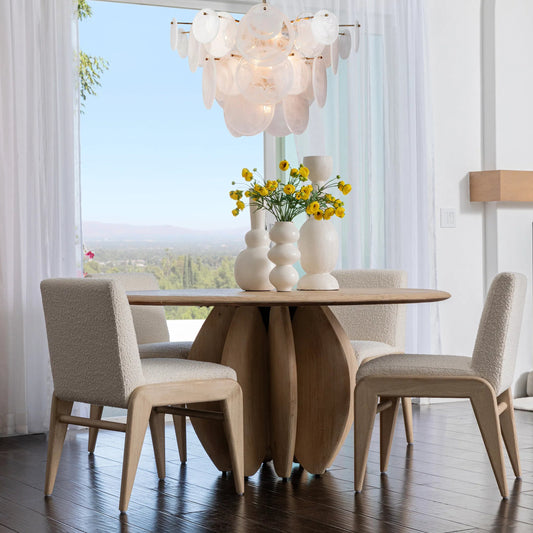 Frazer Dining Chair by Arch & Plane in ivory, light warm wash. Made from boucle upholstery, ash wood in a transitional style.