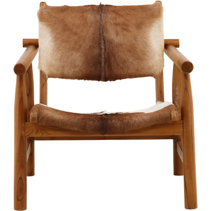 Jonnie Occasional Chair by Arch & Plane in brown, white. Made from goat hide, teak wood in a unique style.