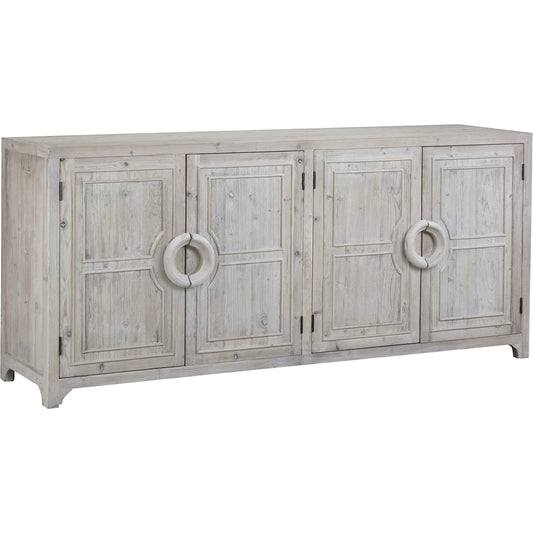 Mellisa  Reclaimed Pine Hand Carved 4-Door Sideboard by Arch & Plane in light grey. Made from reclaimed pine in a modern style.