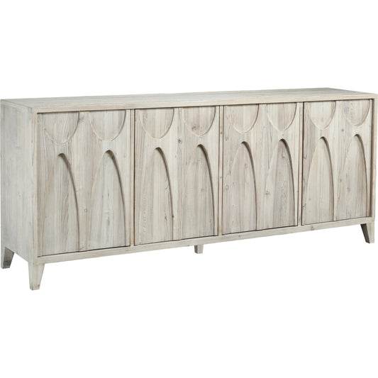 Hilma Light Wash Reclaimed Pine Carved Sideboard by Arch & Plane in light warm wash. Made from reclaimed pine in a modern style.