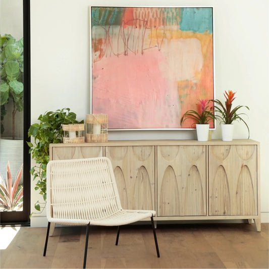 Hilma Light Wash Reclaimed Pine Carved Sideboard by Arch & Plane in light warm wash. Made from reclaimed pine in a modern style.