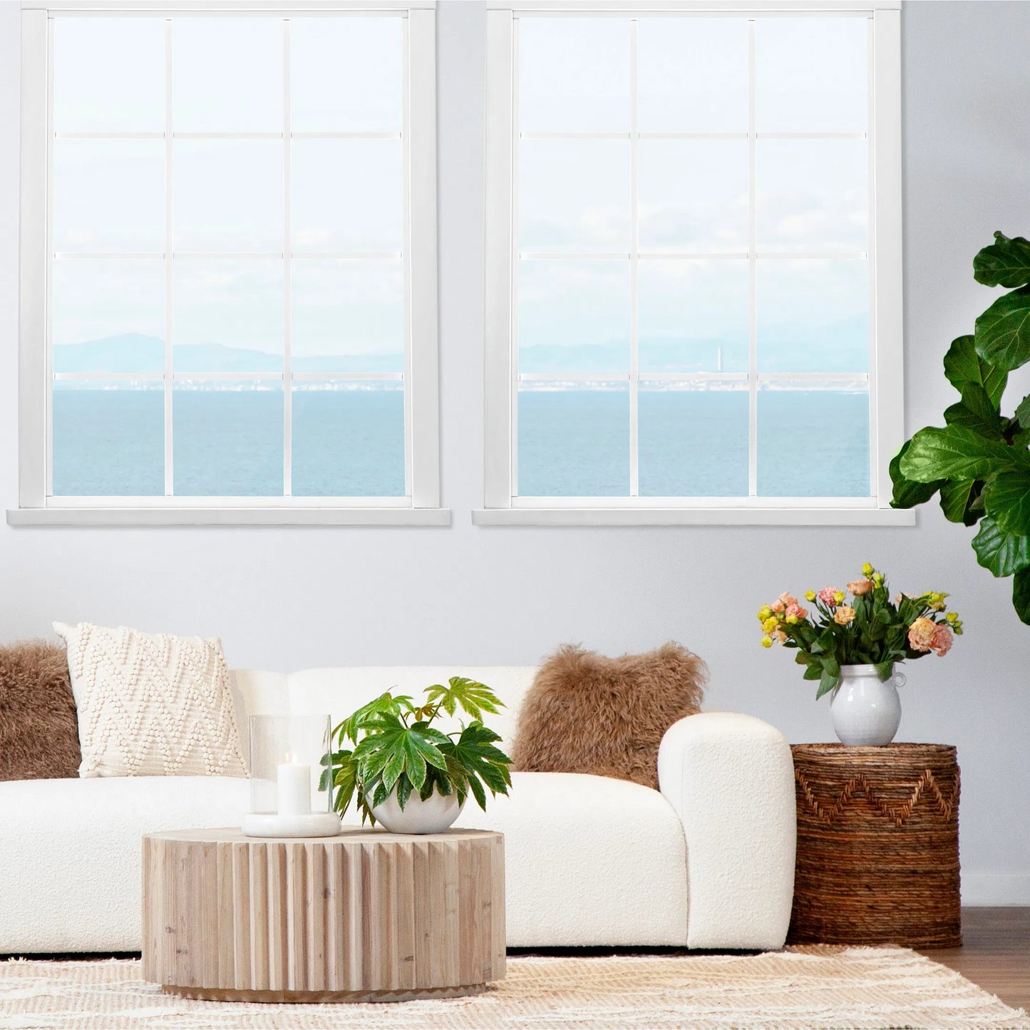 007 SI-1924529 | Lifestyle | Alpha Reclaimed Pine Fluted Coffee Table by Arch & Plane in light brown wash. Made from reclaimed pine in a modern style.