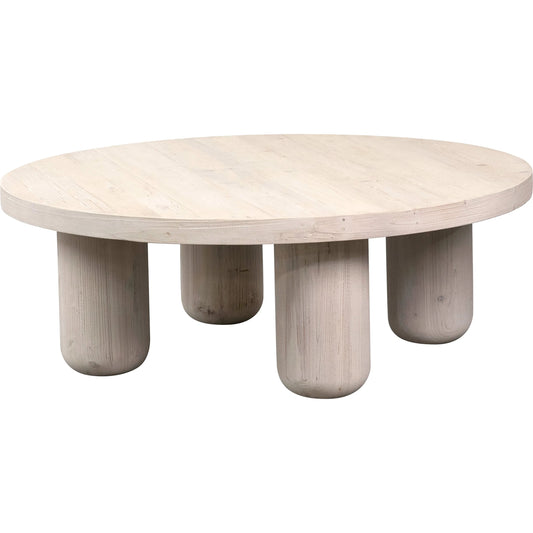 Britni Round Light Wash Coffee Table by Arch & Plane in light brown and light warm wash. Made from reclaimed pine in a modern style.