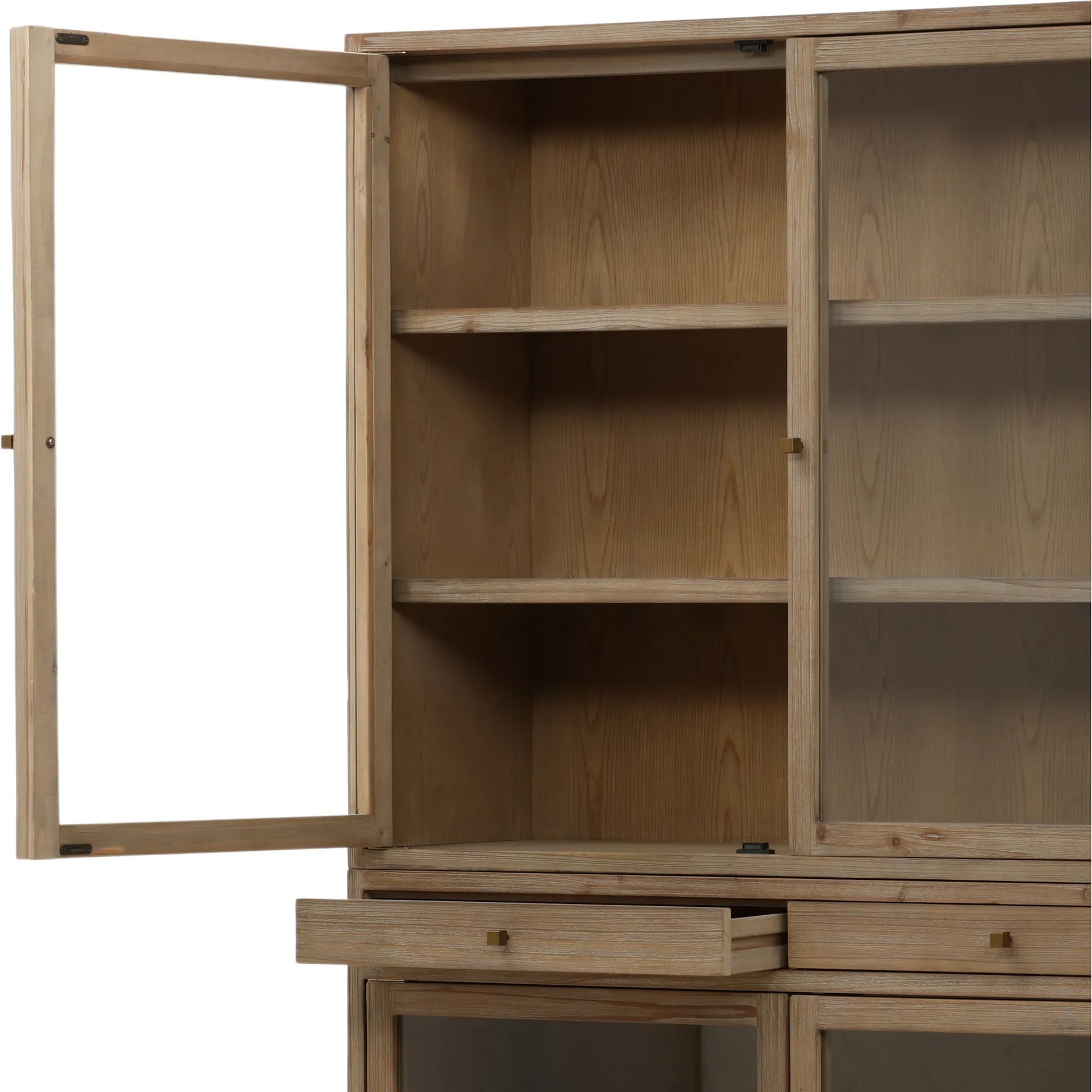 Makala Cabinet by Arch & Plane in warm brown wash. Made from reclaimed pine wood, glass, select hardwood in a unique style.
