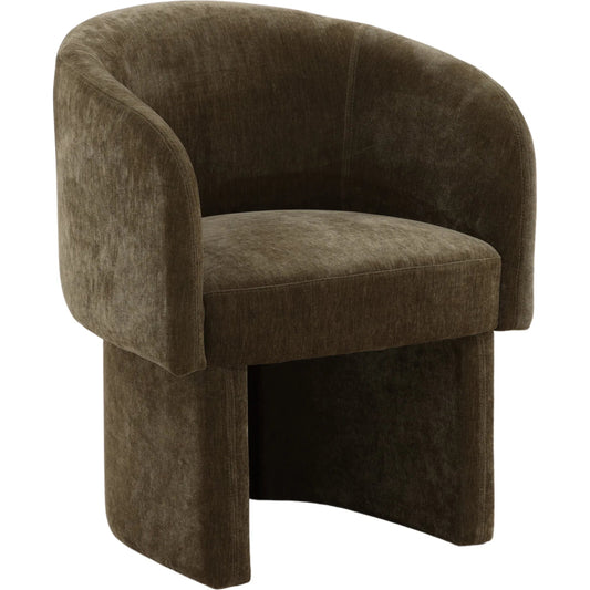 Thelma Dining Chair by Arch & Plane in moss olive. Made from velvet fabric in a unique style.