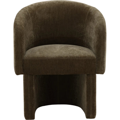 Thelma Dining Chair by Arch & Plane in moss olive. Made from velvet fabric in a unique style.