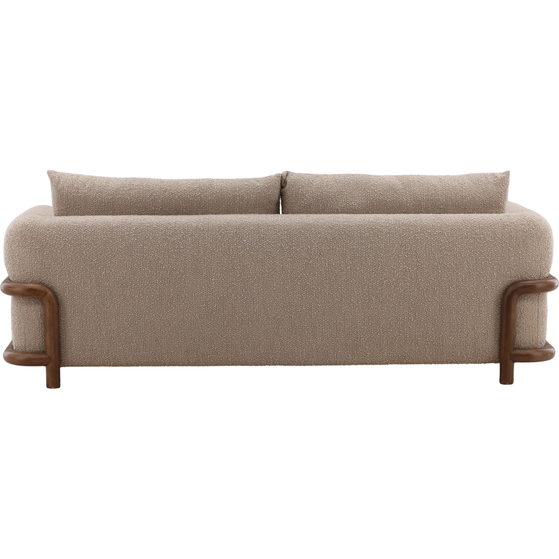Neil Sofa by Arch & Plane in olana sand, brown. Made from boucle fabric, rubber wood in a unique style.
