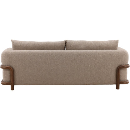 Neil Sofa by Arch & Plane in olana sand, brown. Made from boucle fabric, rubber wood in a unique style.