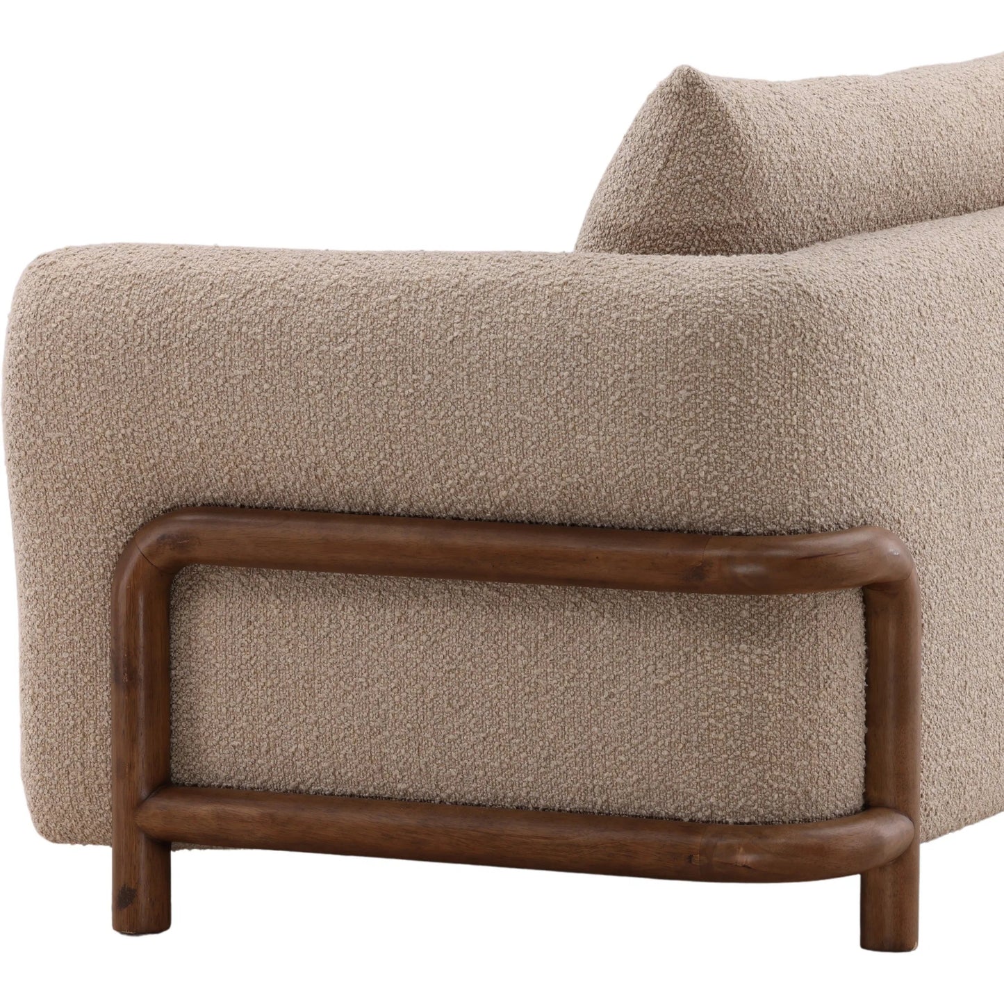 006 SI-2533016 | Closeup | Neil Sofa by Arch & Plane in olana sand, brown. Made from boucle fabric, rubber wood in a unique style.
