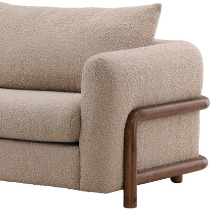 Neil Sofa by Arch & Plane in olana sand, brown. Made from boucle fabric, rubber wood in a unique style.