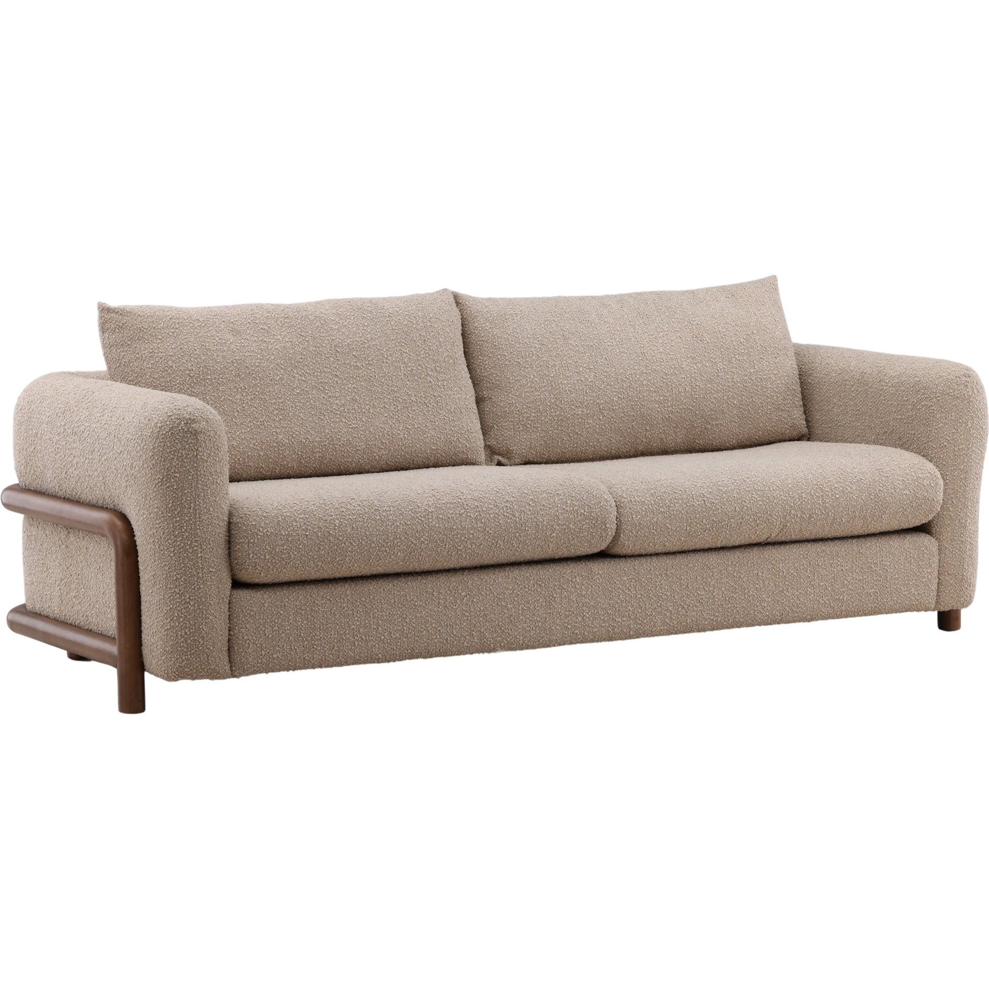 Neil Sofa by Arch & Plane in olana sand, brown. Made from boucle fabric, rubber wood in a unique style.