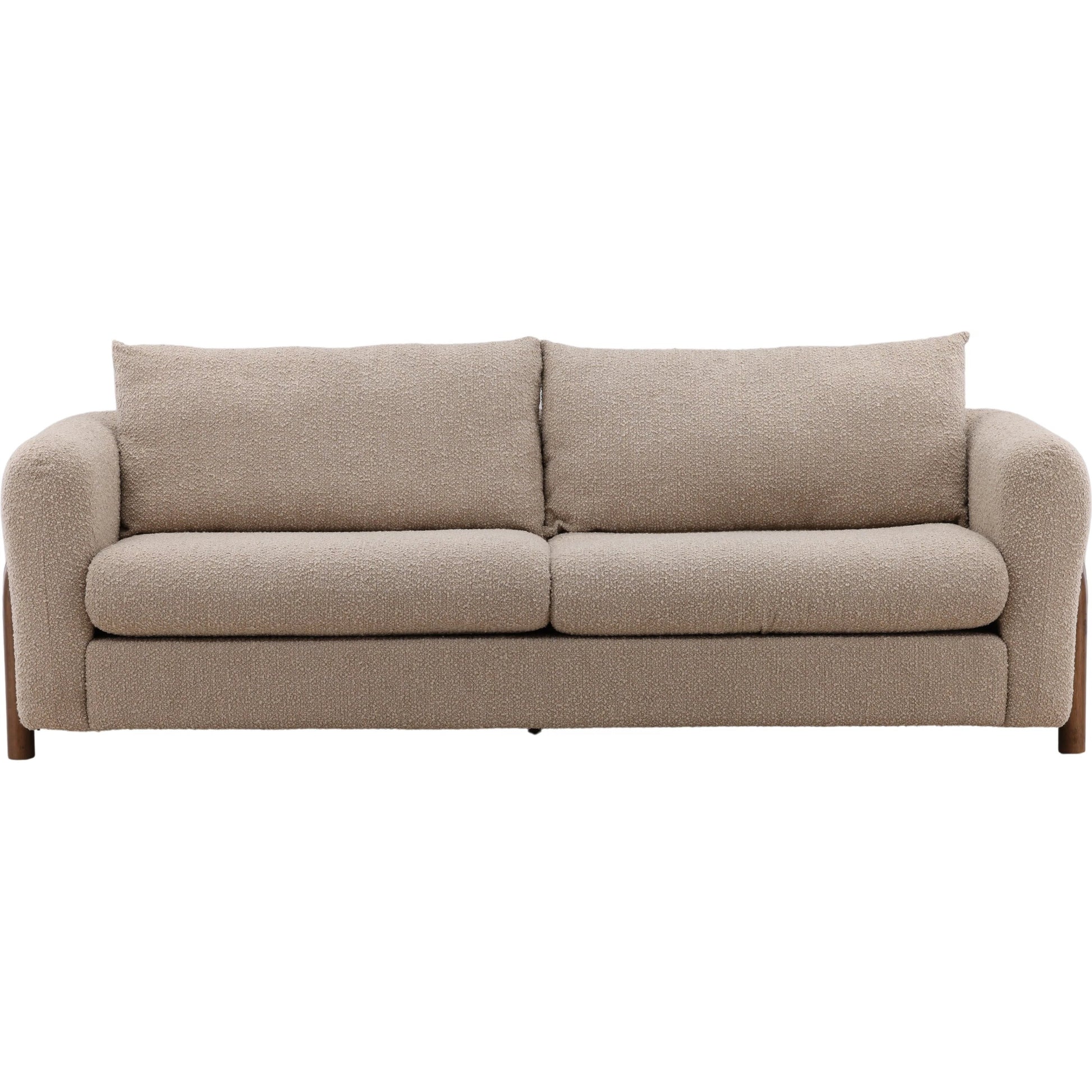 Neil Sofa by Arch & Plane in olana sand, brown. Made from boucle fabric, rubber wood in a unique style.