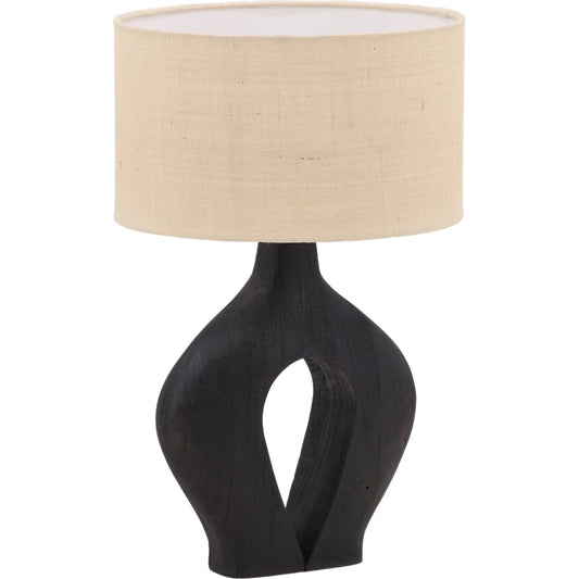 Delilah Table Lamp by Arch & Plane in black, beige shade. Made from mango wood, jute shade in a unique style.