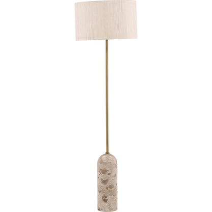 Caitlyn Floor Lamp by Arch & Plane in natural stone, cream shade, antique brass metal. Made from panther marble, raw silk shade in a unique style.