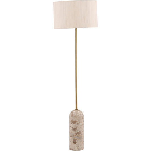 Caitlyn Floor Lamp by Arch & Plane in natural stone, cream shade, antique brass metal. Made from panther marble, raw silk shade in a unique style.