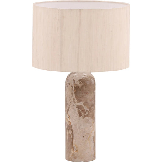 Laureen Table Lamp by Arch & Plane in natural stone, cream shade, antique brass metal. Made from panther marble, raw silk shade in a unique style.