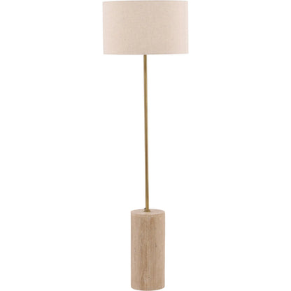 Jakob Floor Lamp by Arch & Plane in natural stone, beige, antique brass metal. Made from travertine, cotton linen shade in a unique style.