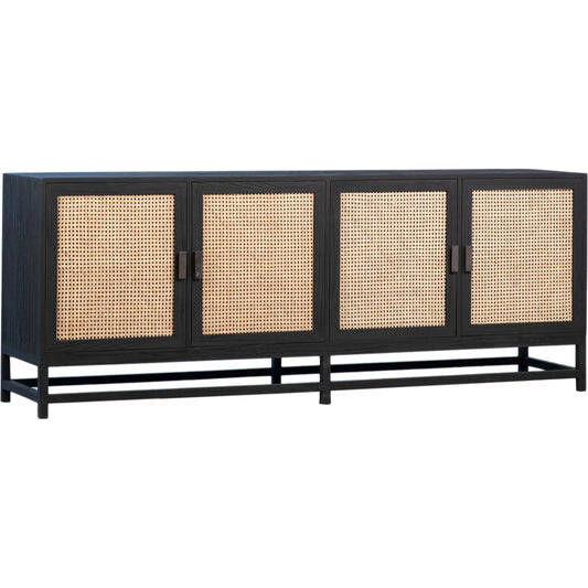 Reagan Exotic Teak and Rattan 4-Door Sideboard by Arch & Plane in black, light brown. Made from teak in a cottage & farmhouse style.