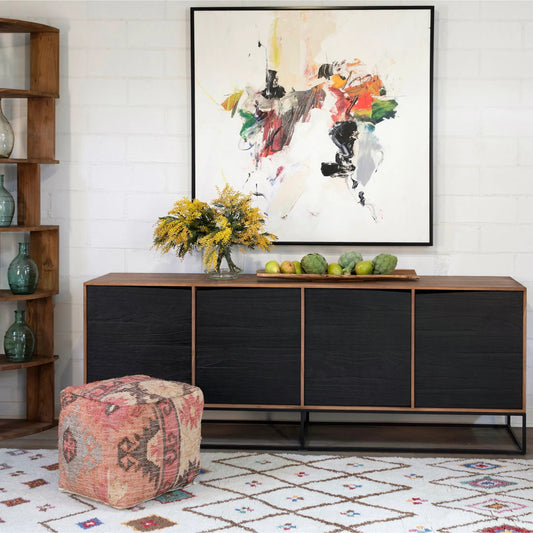 Nolan Teak Sideboard by Arch & Plane in brown, black and natural teak with antique black panels, base finish. Made from teak wood, iron in a modern style.