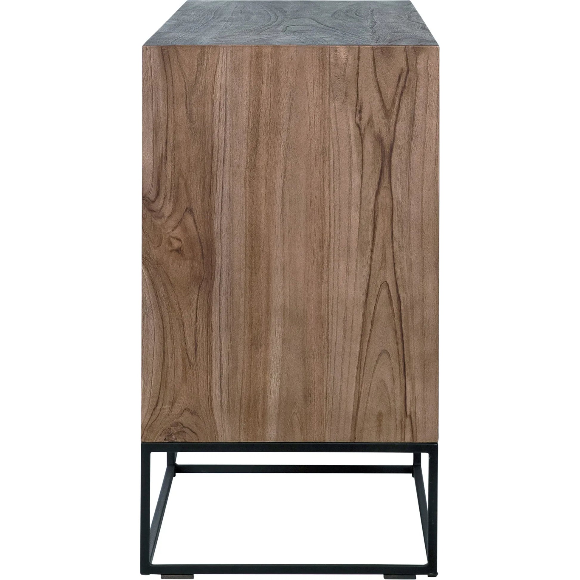 Nolan Teak Sideboard by Arch & Plane in brown, black and natural teak with antique black panels, base finish. Made from teak wood, iron in a modern style.