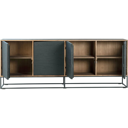 Nolan Teak Sideboard by Arch & Plane in brown, black and natural teak with antique black panels, base finish. Made from teak wood, iron in a modern style.
