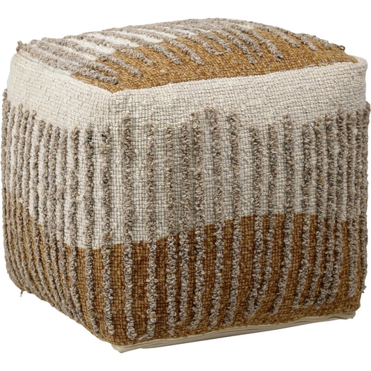 Eugene Pouf by Arch & Plane in dark mustard, beige. Made from handwoven wool, cotton in a rustic style.