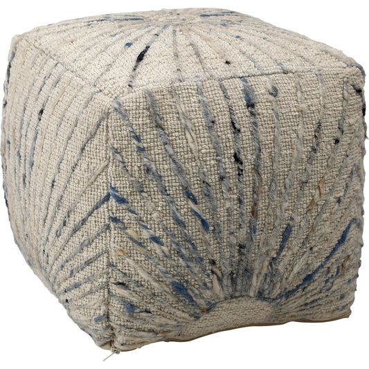 Kathleen Pouf by Arch & Plane in ivory, blue accents. Made from handwoven wool, cotton in a unique style.