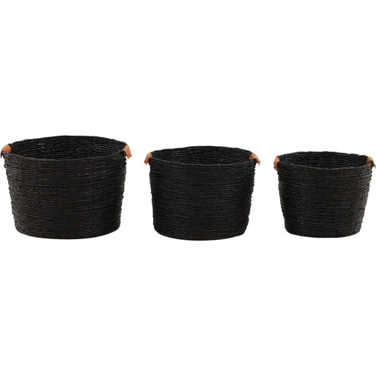 Lorian Basket (Set of 3) by Arch & Plane in black. Made from woven banana leaf, leather in a unique style.