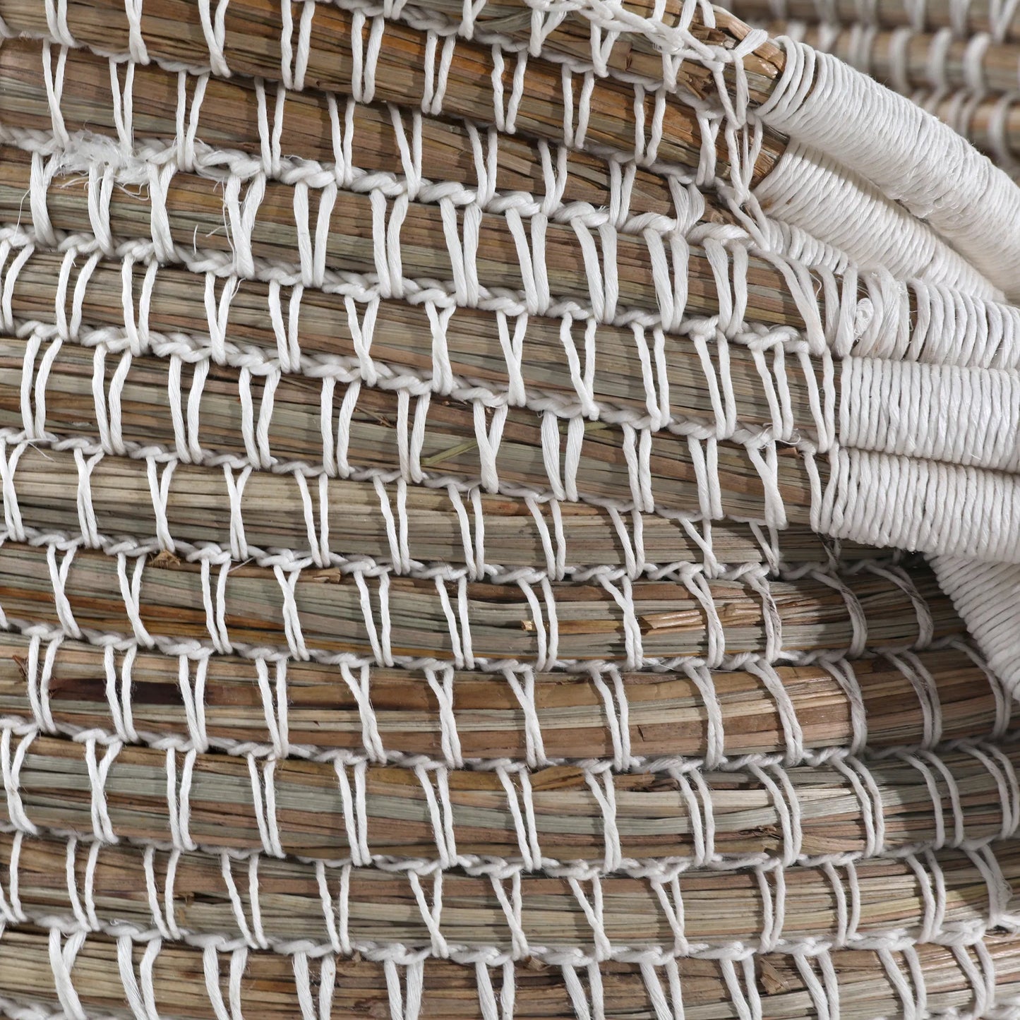 002 SI-2350952 | Closeup | Dwight Basket by Arch & Plane in light natural, white cotton. Made from seagrass, cotton rope in a rustic style.