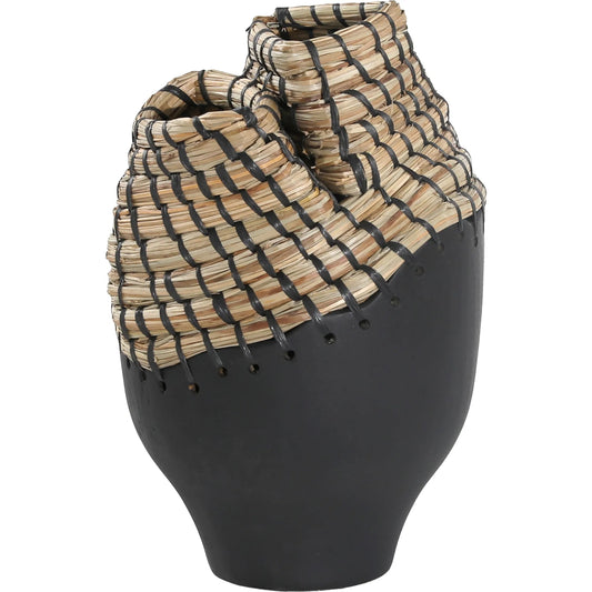 Fannie Vase by Arch & Plane in black, natural. Made from teak wood, seagrass in a rustic style.