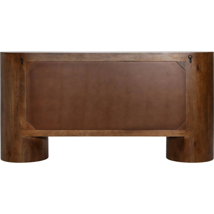 Lawson Sideboard by Arch & Plane in medium brown, black handles. Made from mango wood, metal in a traditional style.