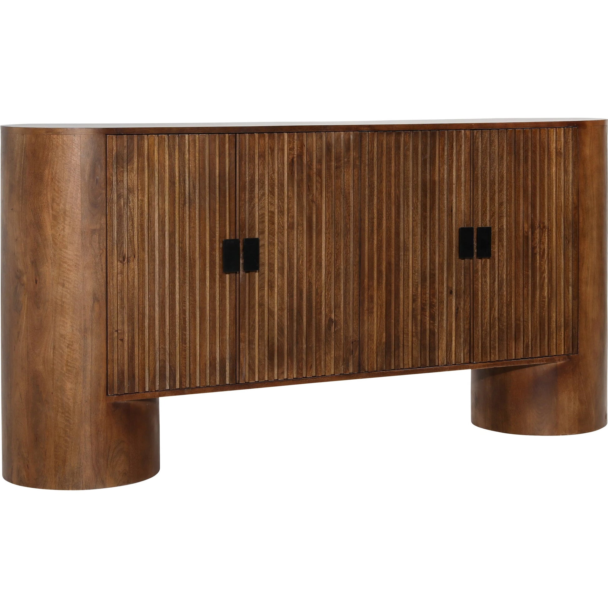 Lawson Sideboard by Arch & Plane in medium brown, black handles. Made from mango wood, metal in a traditional style.