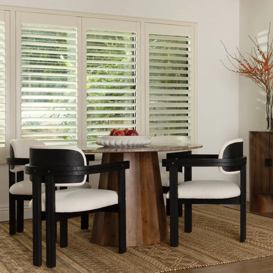 Atwell Dining Table by Arch & Plane in medium brown. Made from mango wood, marble in a unique style.