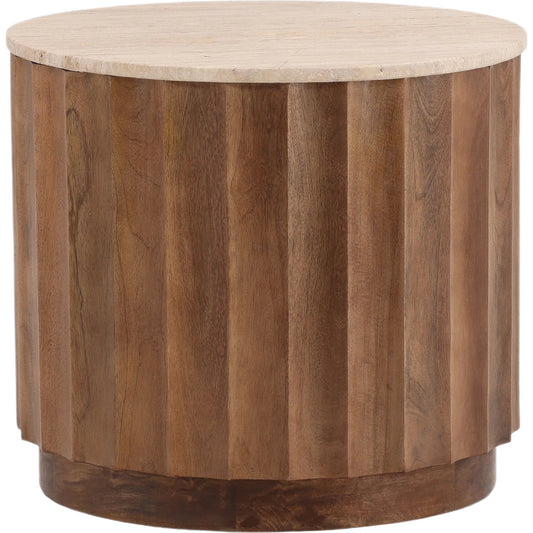Milburn End Table by Arch & Plane in natural, medium brown. Made from travertine, wood in a unique style.