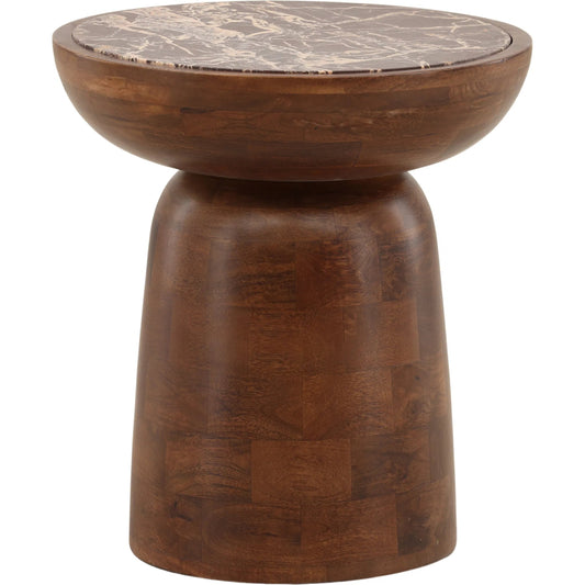 Anara Side Table by Arch & Plane in brown, red. Made from mango wood, cherry gold marble in a unique style.