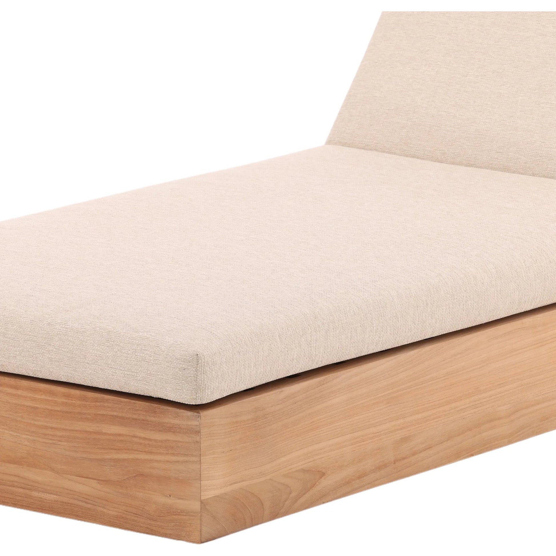 Nilsa Outdoor Chaise by Arch & Plane in sand, natural. Made from outdoor basketweave tweed fabric, teak wood in a transitional style.