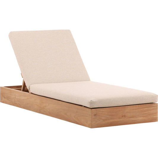 Darlene Outdoor Chaise by Arch & Plane in sand, natural. Made from outdoor basketweave tweed fabric, teak wood in a unique style.