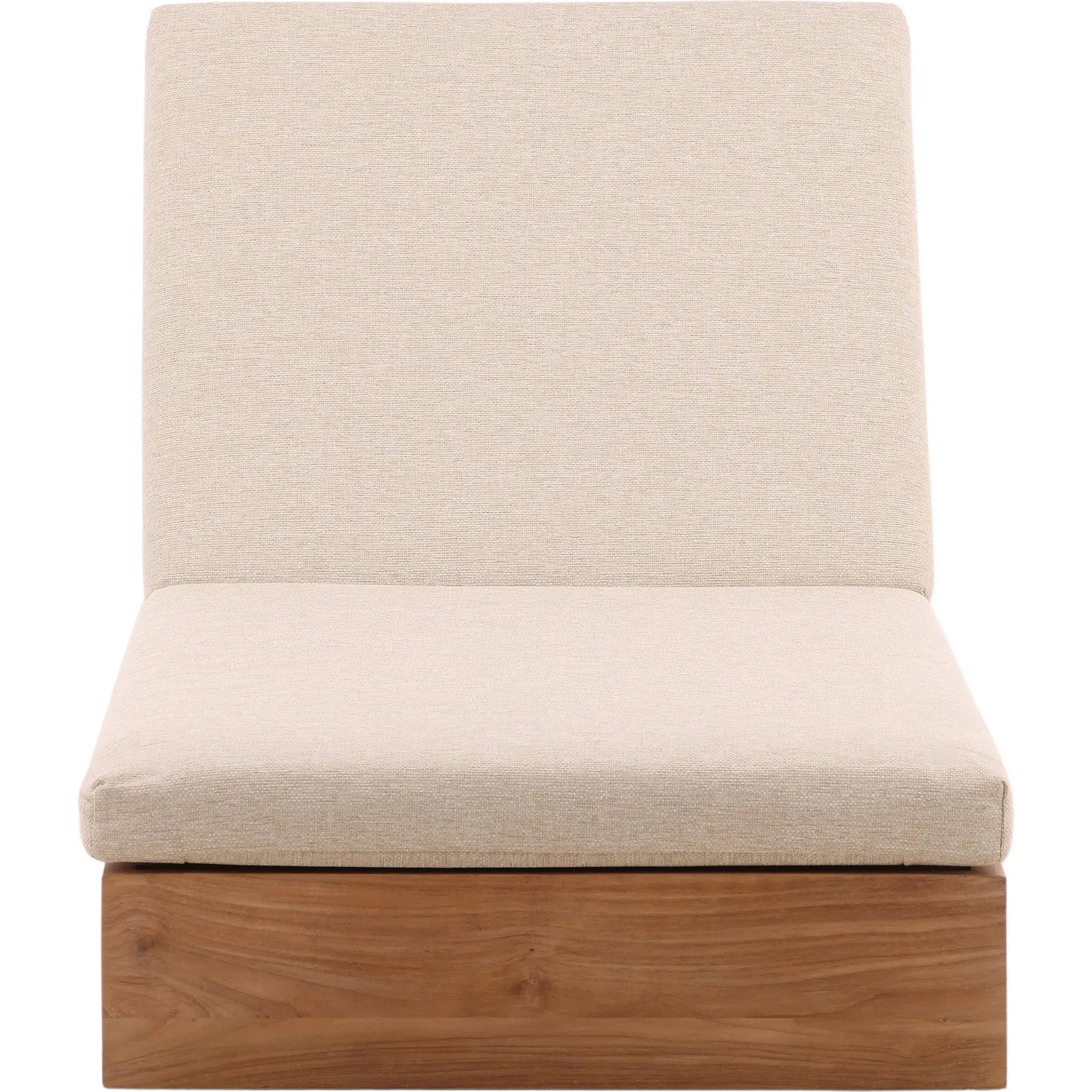 Nilsa Outdoor Chaise by Arch & Plane in sand, natural. Made from outdoor basketweave tweed fabric, teak wood in a transitional style.