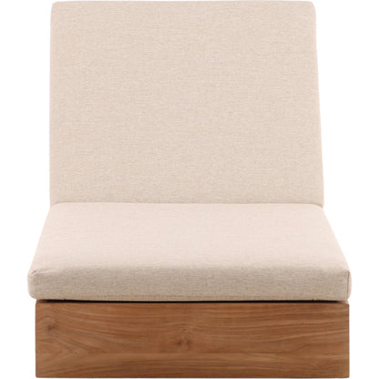 Nilsa Outdoor Chaise by Arch & Plane in sand, natural. Made from outdoor basketweave tweed fabric, teak wood in a transitional style.