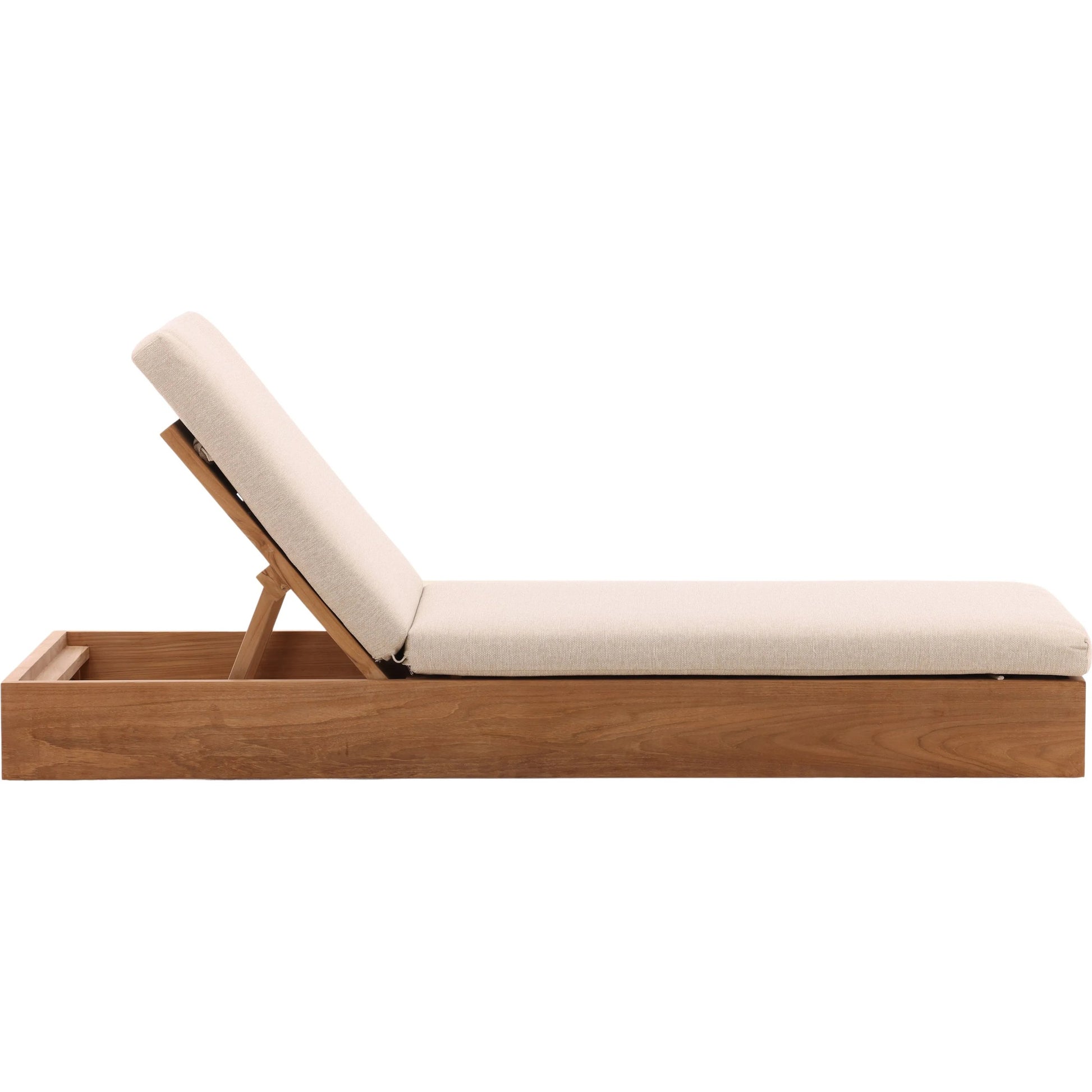 Nilsa Outdoor Chaise by Arch & Plane in sand, natural. Made from outdoor basketweave tweed fabric, teak wood in a transitional style.